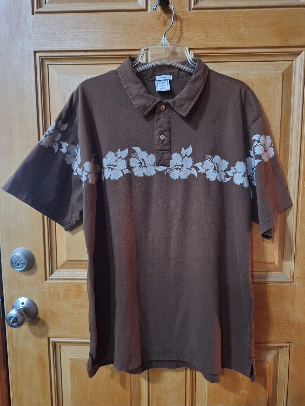 Old Navy Brown Polo with White Floral Design XL Vintage Fit